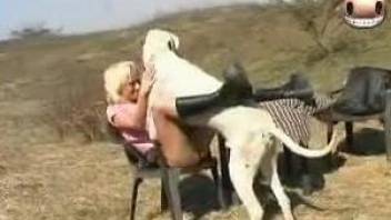 Blonde in pink blows a dog and then gets fucked