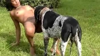 Elegant outdoor dog XXX action with a busty MILF and her hound