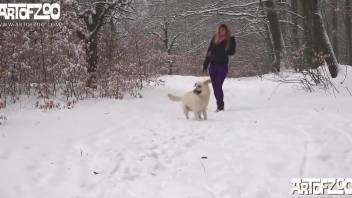 Wintertime fuck with a blond-haired dog cock addict