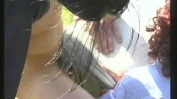 Hot red-haired beauty hooks up with a guy and a stallion