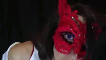 Red mask hottie getting her eager cunt fucked by a dog