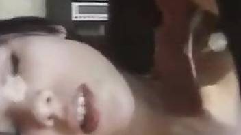 Brunette with pale tits is fucking a veiny dog dong