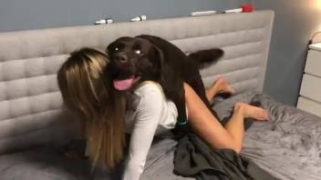 Fair-haired girl gets cozy with the pooch in a full webcam session