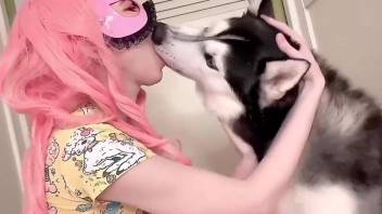 Spicy female makes out with her dog in intimate cam scenes