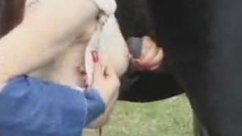 Chick takes pony's dick into pussy while no one can see her